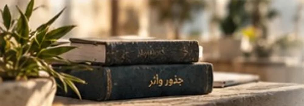 كتب تحمل شعار جذور وأثر على طاولة بجوار نبتة