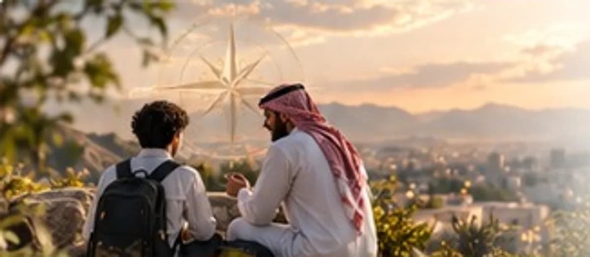 مستشار تعليمي وطالب يتحاوران على تلة تطل على المدينة