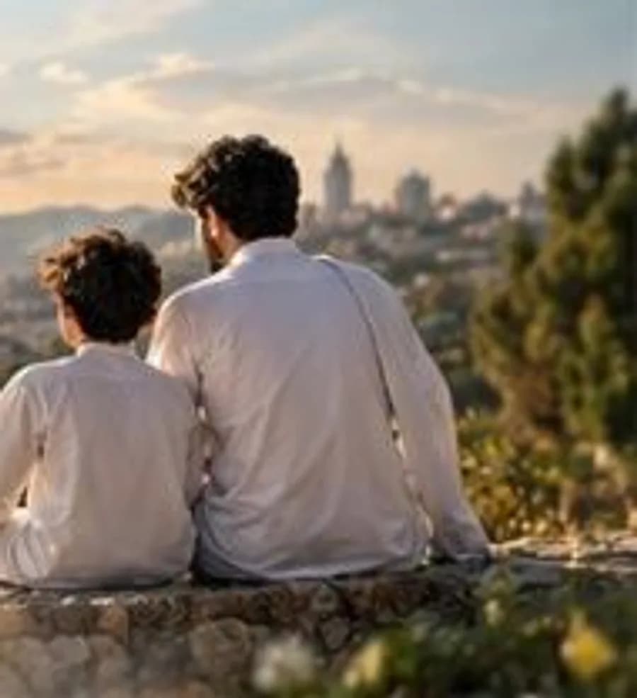 أب وابنه يجلسان على حافة صخرية ويتأملان المدينة عند الغروب