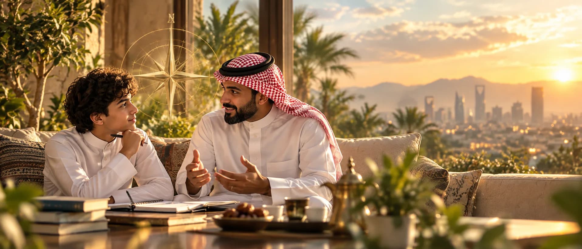 أب يحاور ابنه بهدوء ويرشده في جلسة عائلية عند الغروب