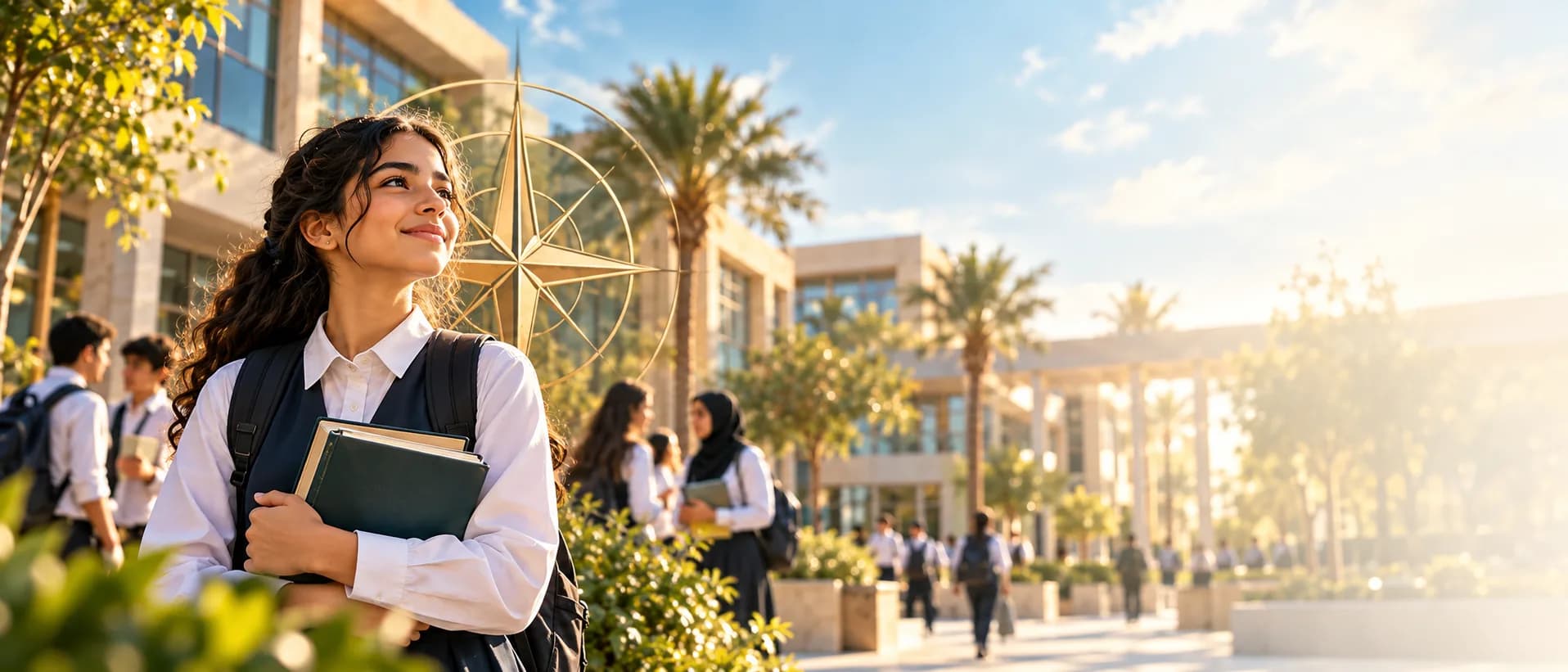 طالبة مبتسمة تحمل كتبها في ساحة المدرسة وخلفها بوصلة ذهبية