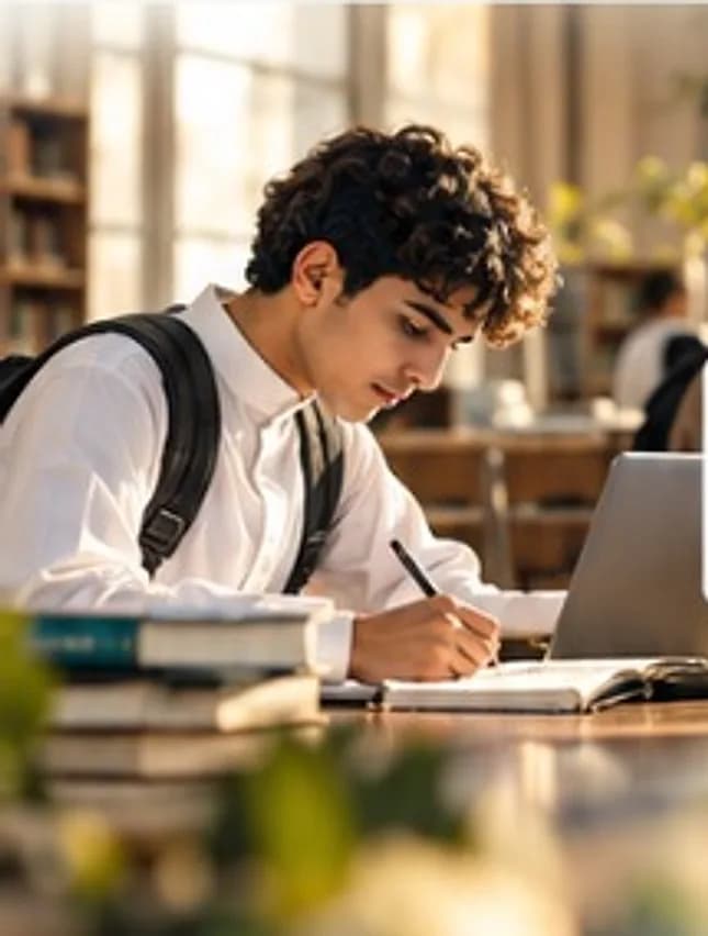 طالب يكتب في دفتره على مكتب في مكتبة الجامعة بجوار حاسوب محمول