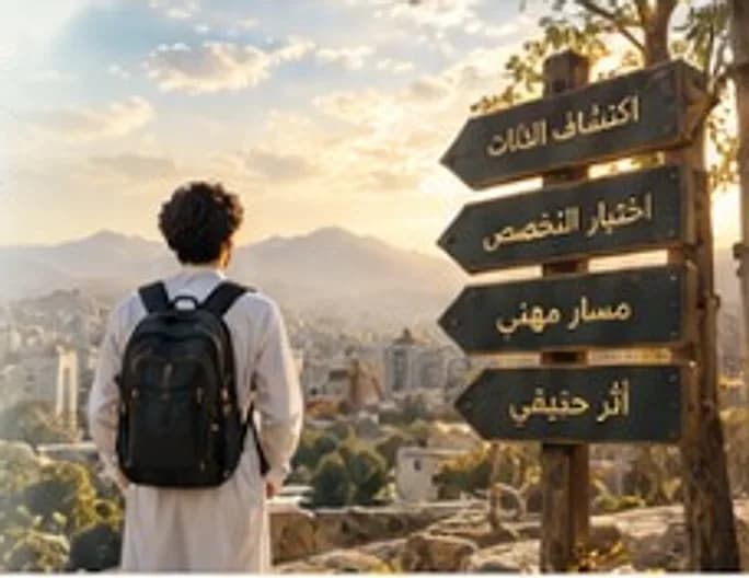 طالب يقف أمام لافتات اكتشاف الذات واختيار التخصص والمسار المهني والأثر الحقيقي