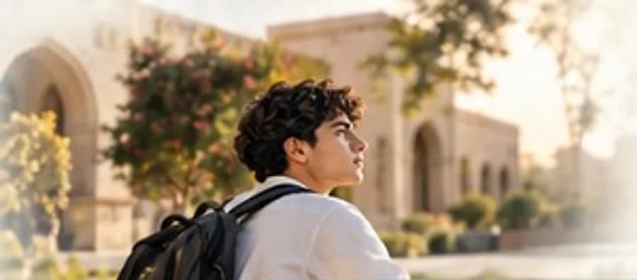 طالب يحمل حقيبته أمام مبنى جامعي ذي أقواس ويتأمل المستقبل